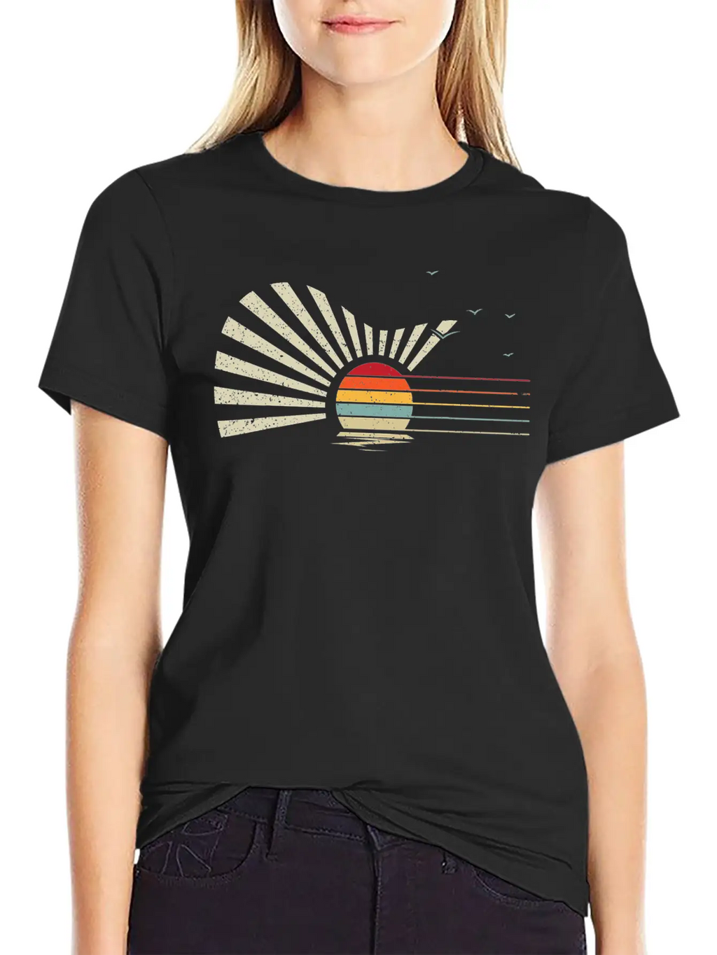 Retro Sunset Acoustic Guitar Nature Birds Sea Breathable Graphic T-Shirt – Perfect For Casual Days