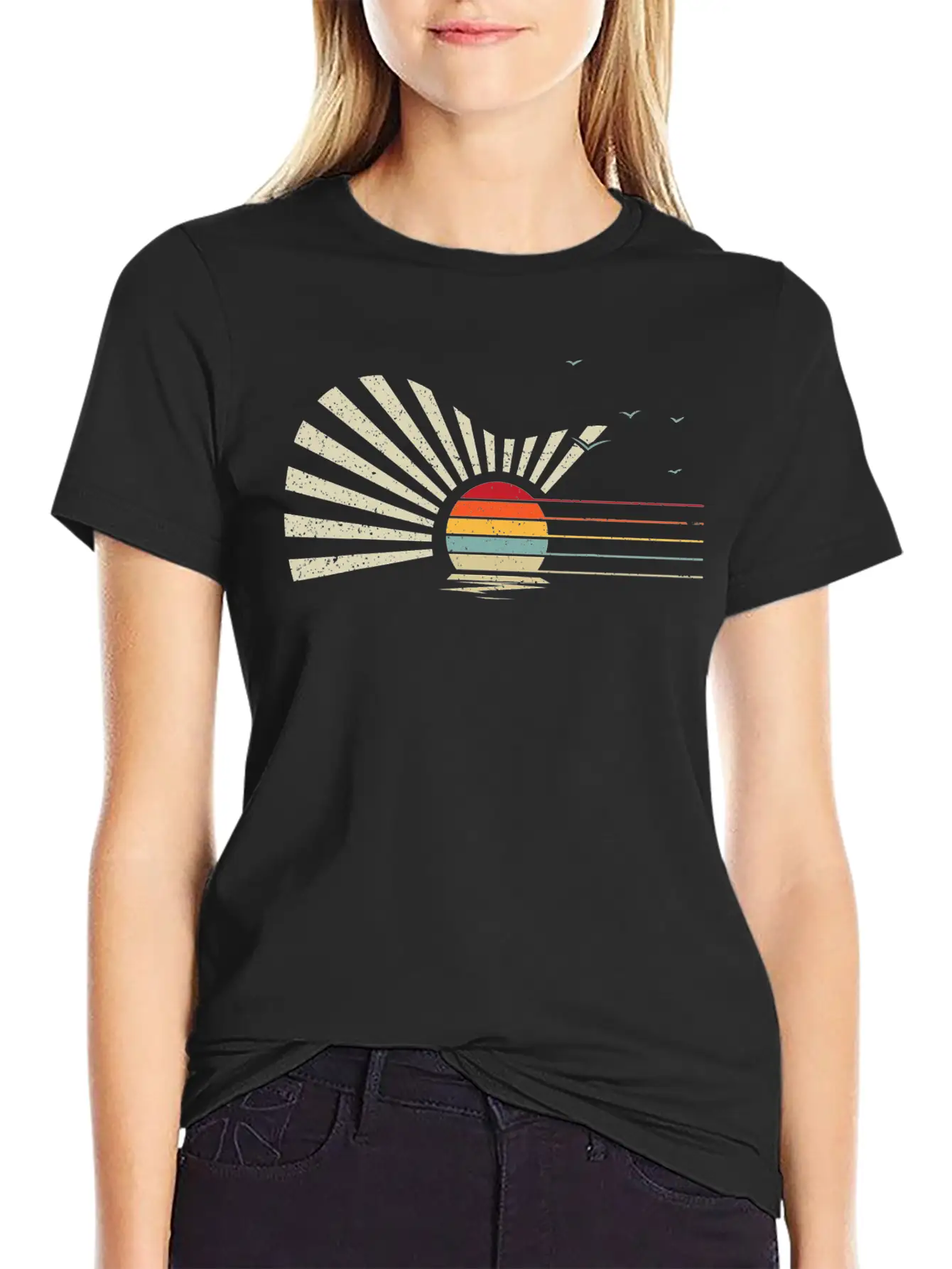Retro Sunset Acoustic Guitar Nature Birds Sea Breathable Graphic T-Shirt – Perfect For Casual Days