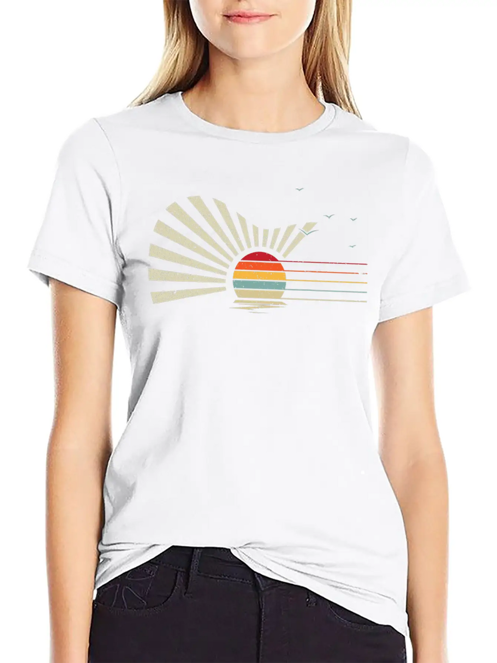 Retro Sunset Acoustic Guitar Nature Birds Sea Breathable Graphic T-Shirt – Perfect For Casual Days