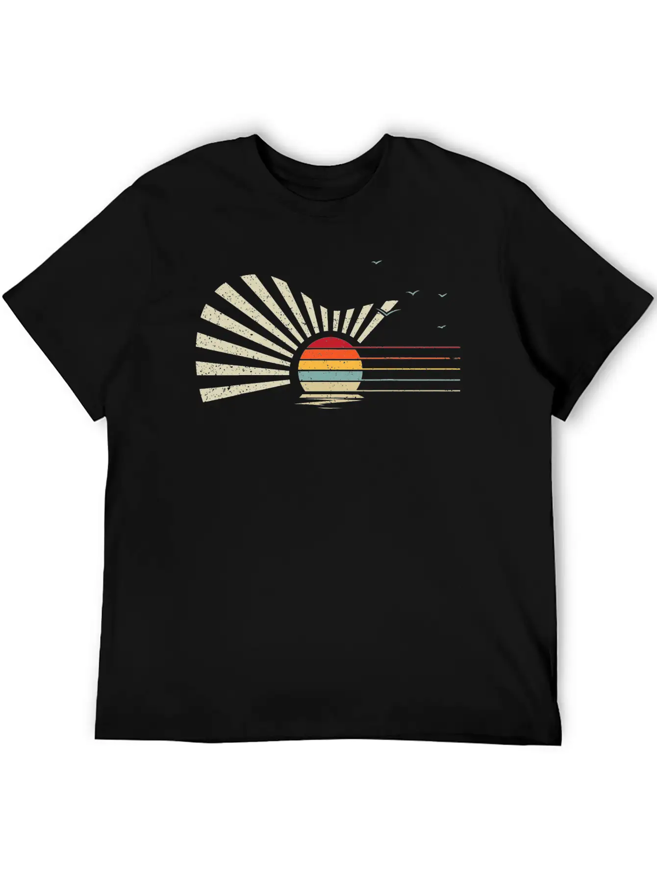 Retro Sunset Acoustic Guitar Nature Birds Sea Breathable Graphic T-Shirt – Perfect For Casual Days