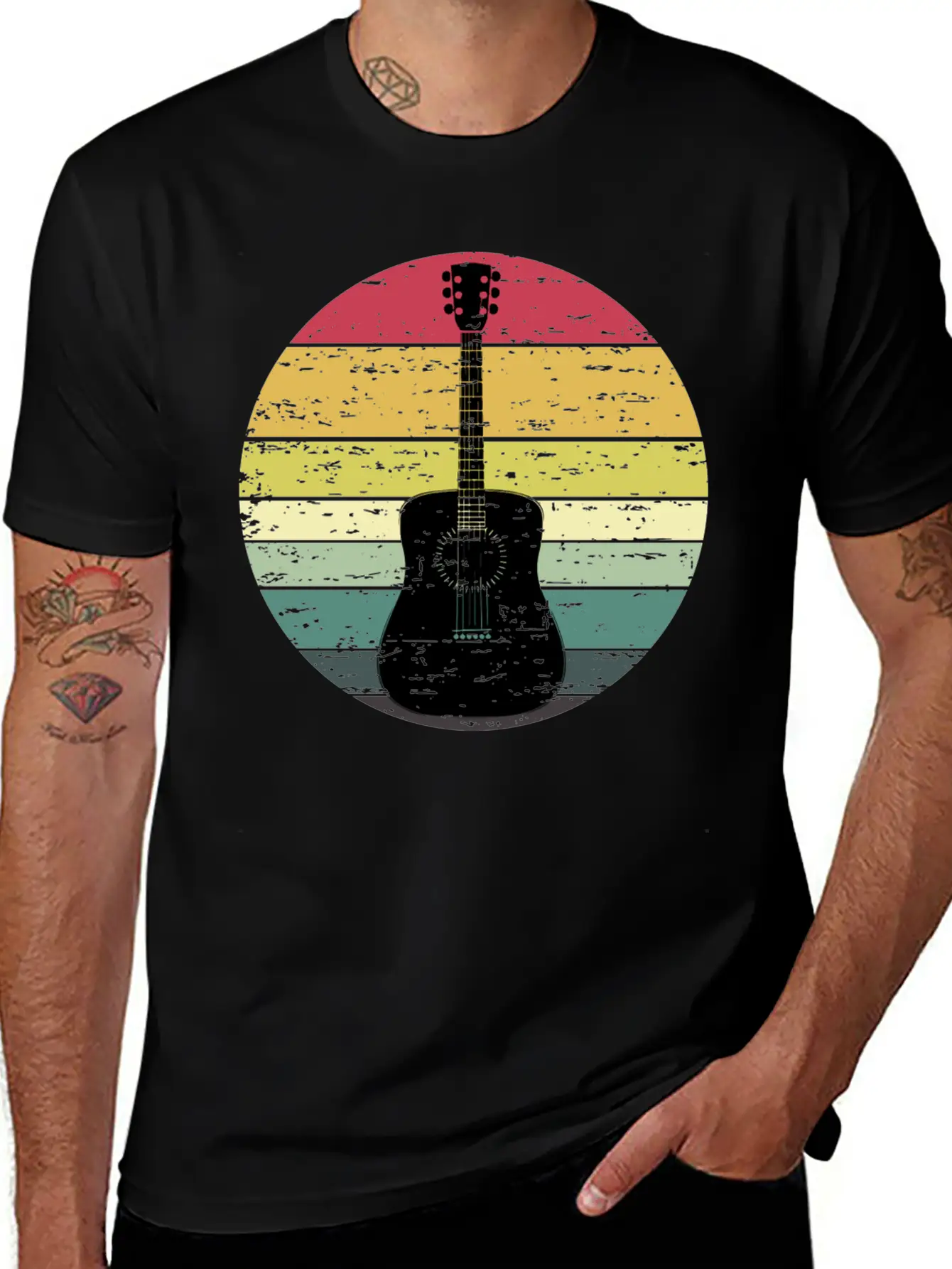 Retro Sunset Guitar Distressed Retro Rainbow Breathable Soft Cotton T-Shirt – Timeless Casual Look