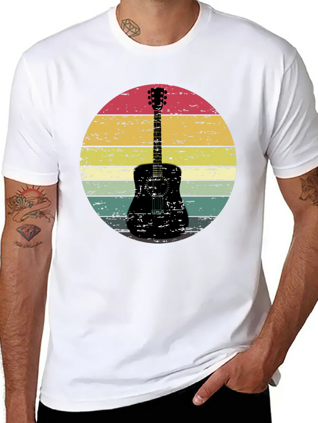 Retro Sunset Guitar Distressed Retro Rainbow Breathable Soft Cotton T-Shirt – Timeless Casual Look