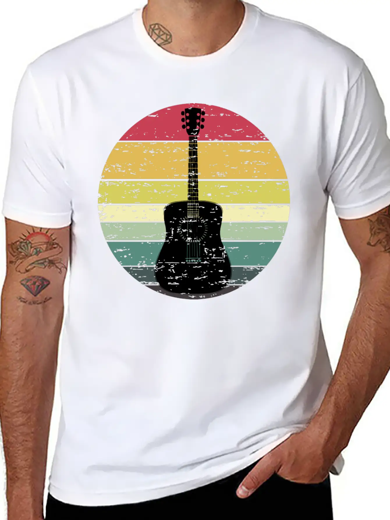 Retro Sunset Guitar Distressed Retro Rainbow Breathable Soft Cotton T-Shirt – Timeless Casual Look