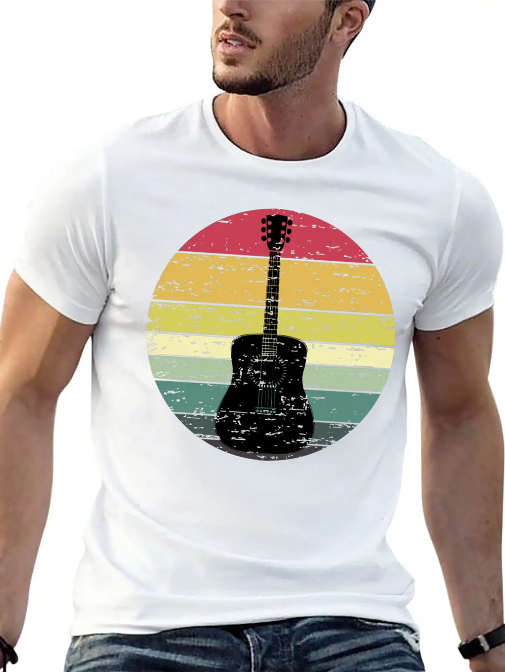 Retro Sunset Guitar Distressed Retro Rainbow Breathable Soft Cotton T-Shirt – Timeless Casual Look