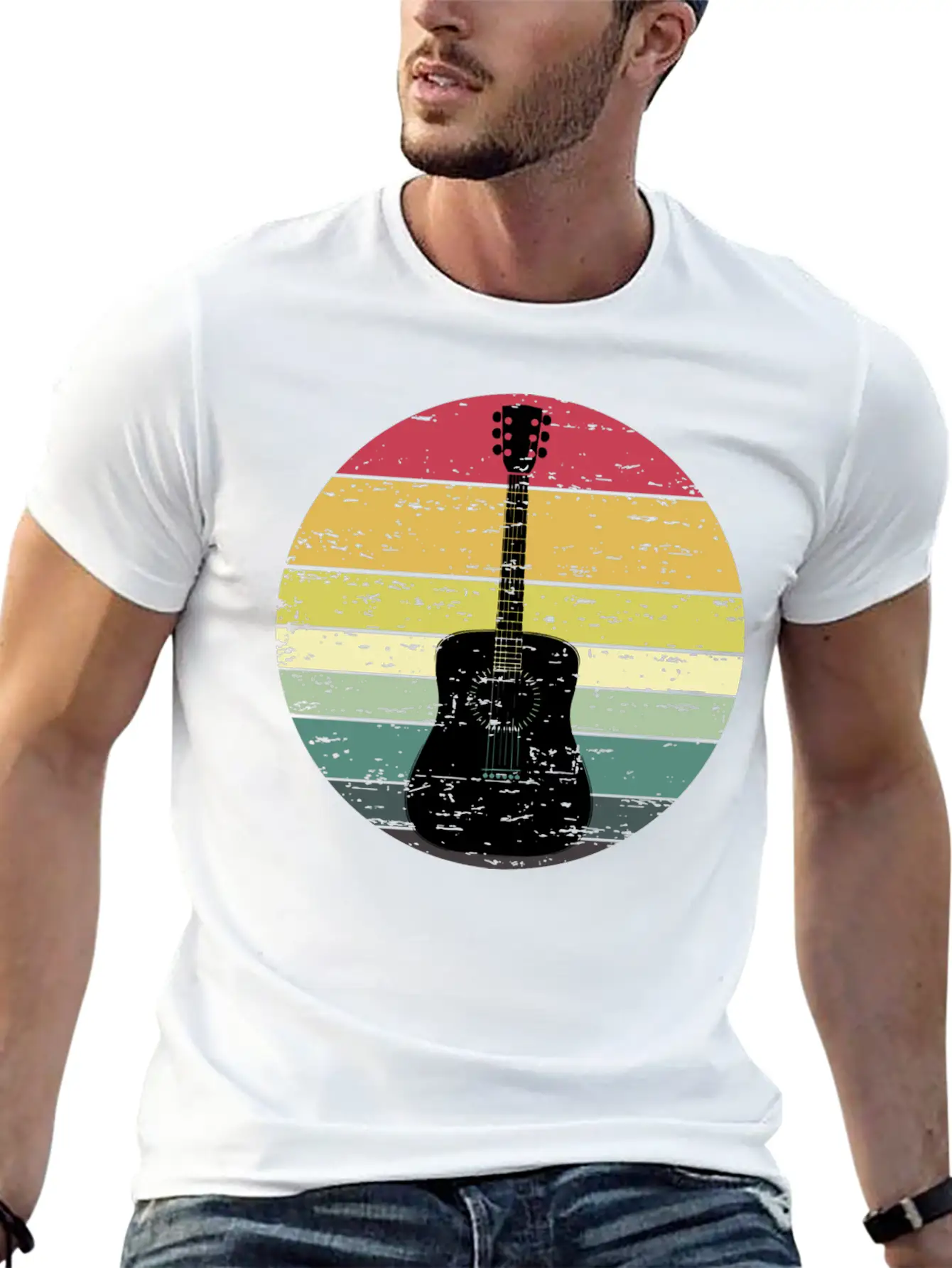 Retro Sunset Guitar Distressed Retro Rainbow Breathable Soft Cotton T-Shirt – Timeless Casual Look