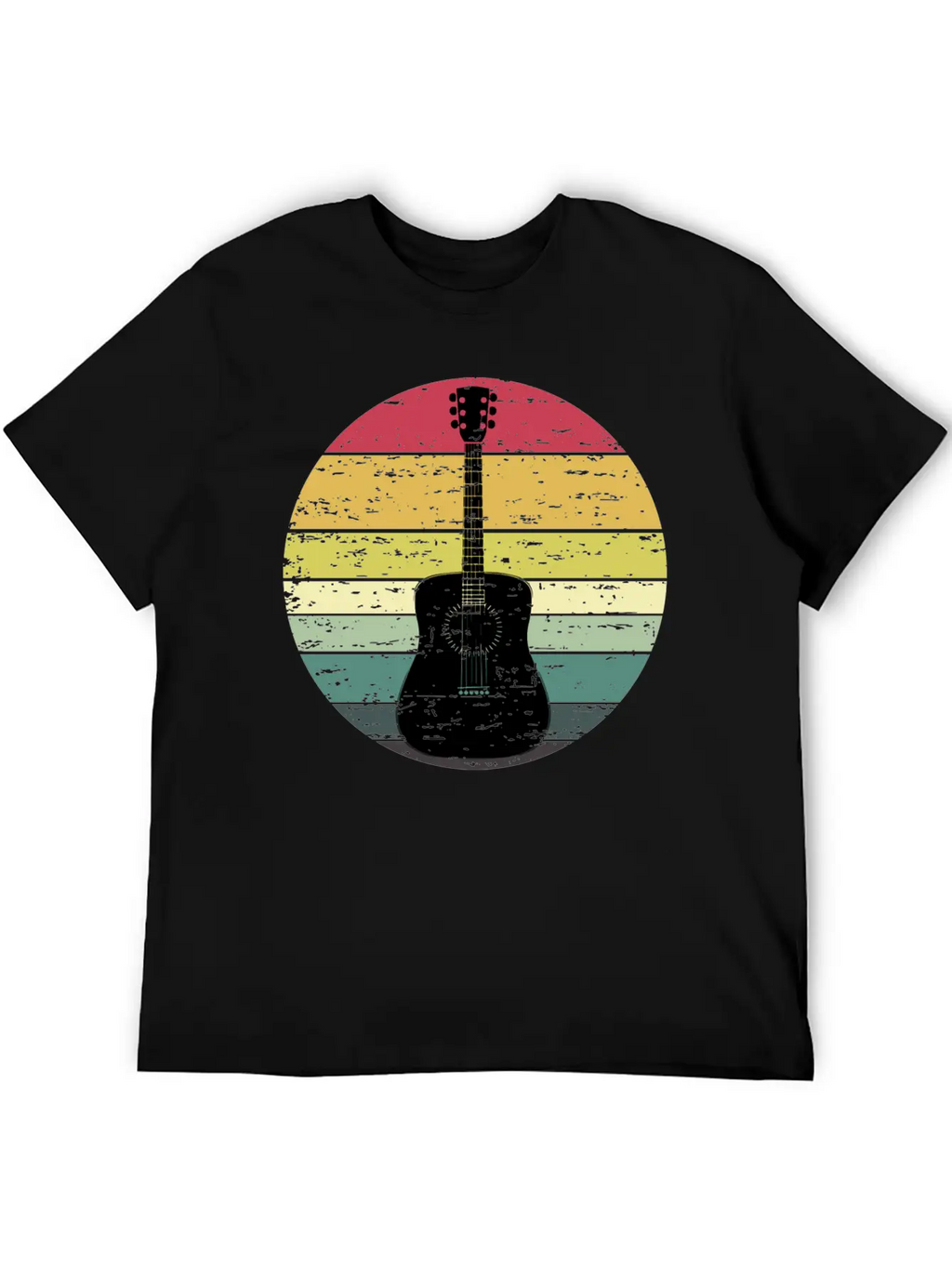 Retro Sunset Guitar Distressed Retro Rainbow Breathable Soft Cotton T-Shirt – Timeless Casual Look