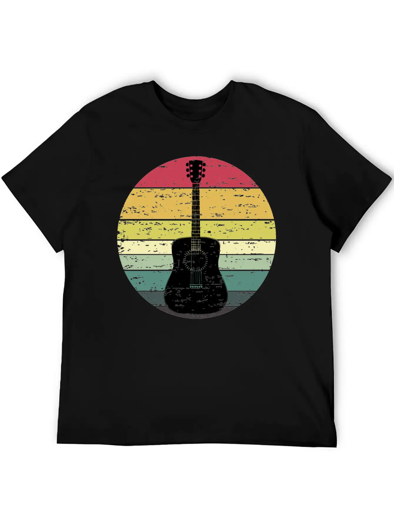 Retro Sunset Guitar Distressed Retro Rainbow Breathable Soft Cotton T-Shirt – Timeless Casual Look