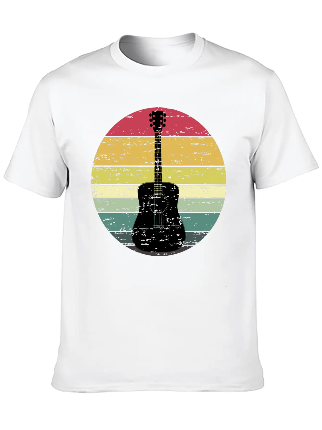 Retro Sunset Guitar Distressed Retro Rainbow Breathable Soft Cotton T-Shirt – Timeless Casual Look