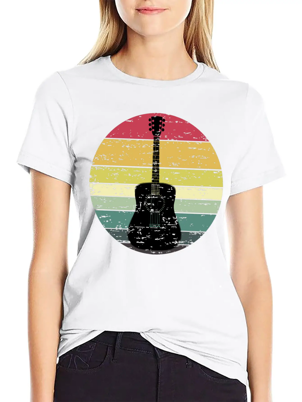 Retro Sunset Guitar Distressed Retro Rainbow Breathable Soft Cotton T-Shirt – Timeless Casual Look