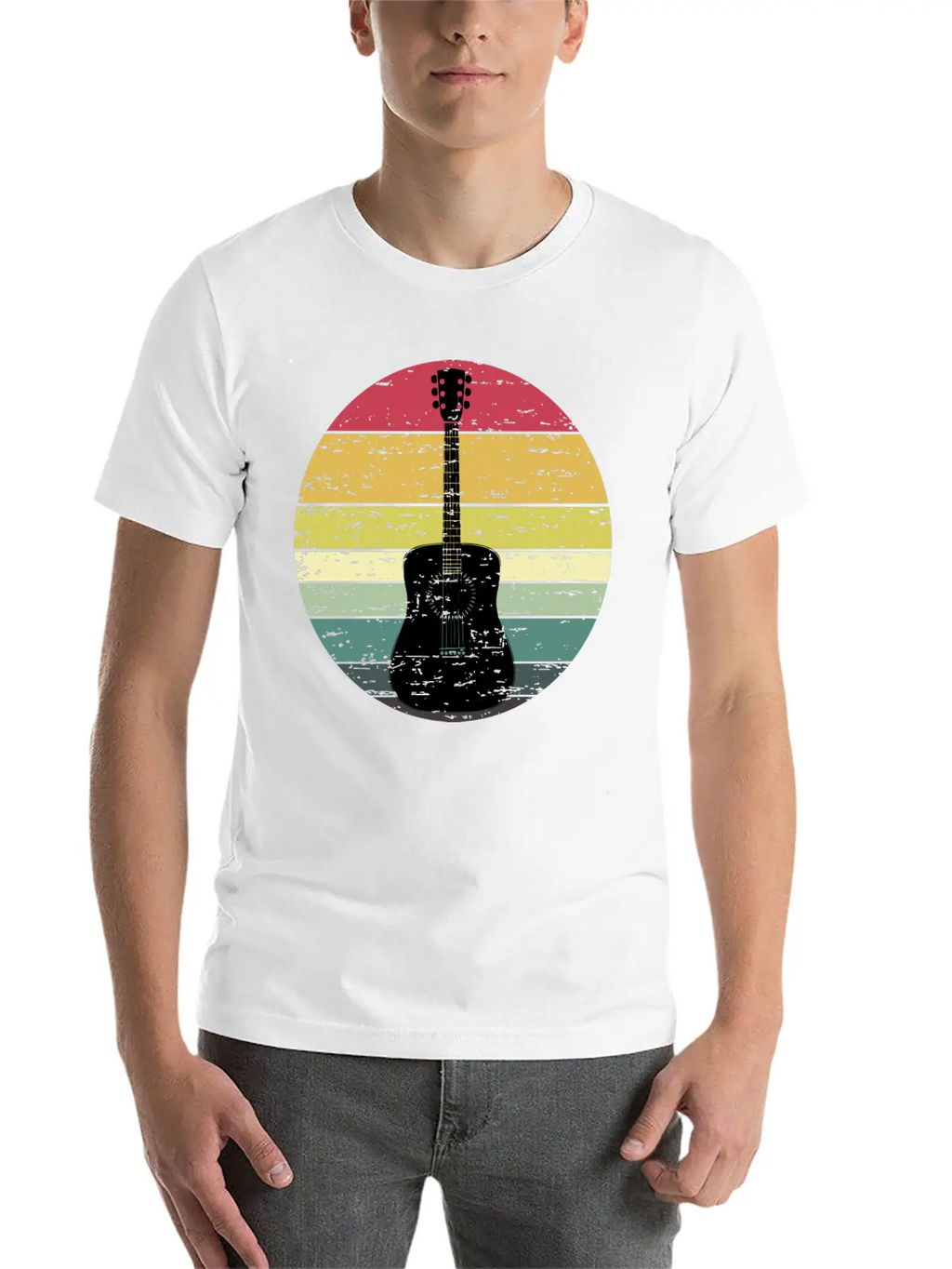 Retro Sunset Guitar Distressed Retro Rainbow Breathable Soft Cotton T-Shirt – Timeless Casual Look