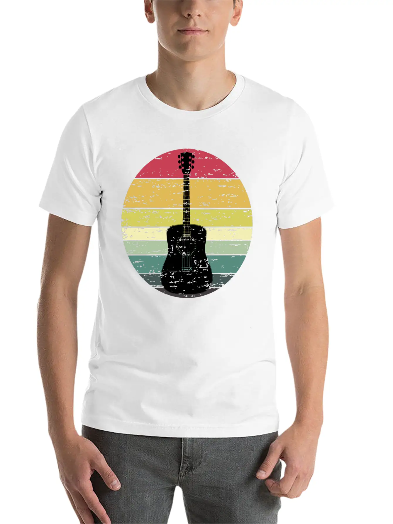 Retro Sunset Guitar Distressed Retro Rainbow Breathable Soft Cotton T-Shirt – Timeless Casual Look