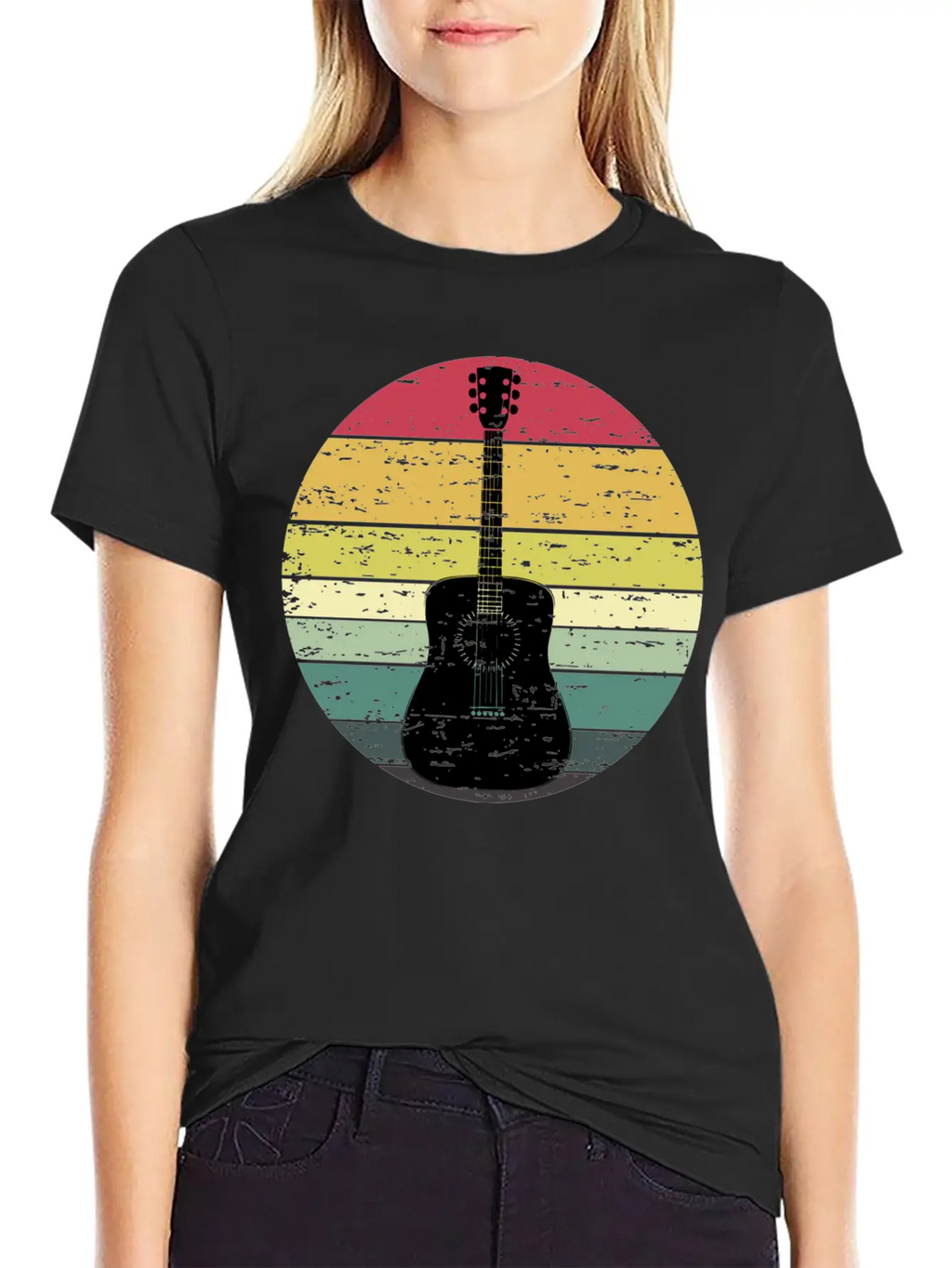 Retro Sunset Guitar Distressed Retro Rainbow Breathable Soft Cotton T-Shirt – Timeless Casual Look