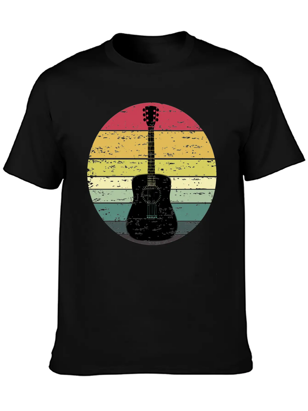 Retro Sunset Guitar Distressed Retro Rainbow Breathable Soft Cotton T-Shirt – Timeless Casual Look