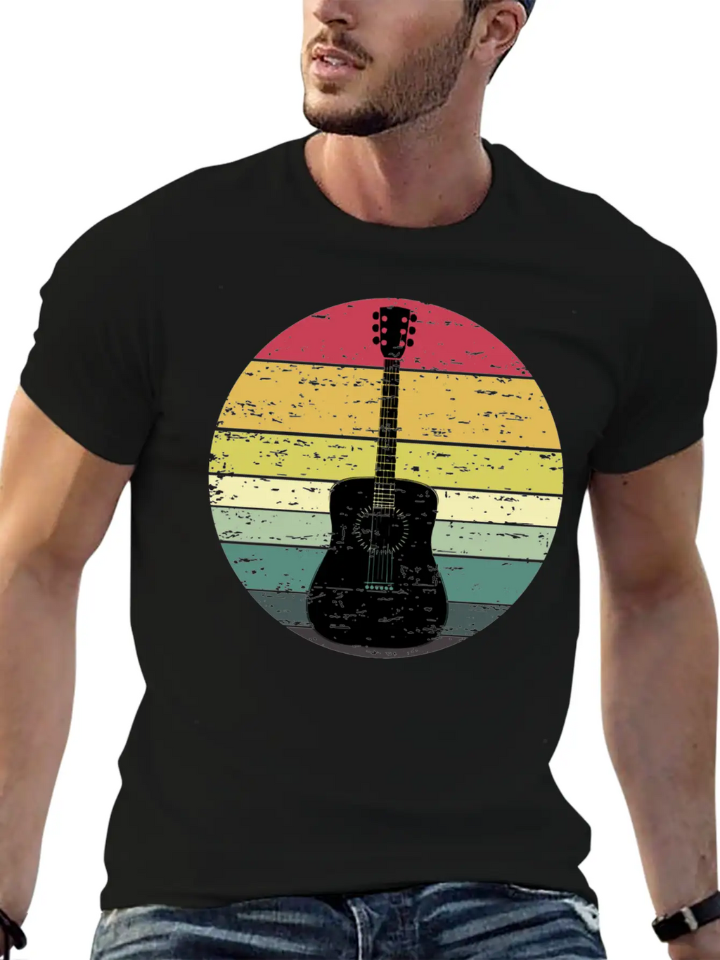 Retro Sunset Guitar Distressed Retro Rainbow Breathable Soft Cotton T-Shirt – Timeless Casual Look