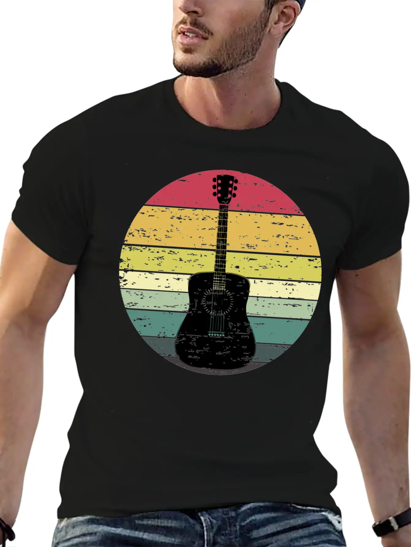 Retro Sunset Guitar Distressed Retro Rainbow Breathable Soft Cotton T-Shirt – Timeless Casual Look