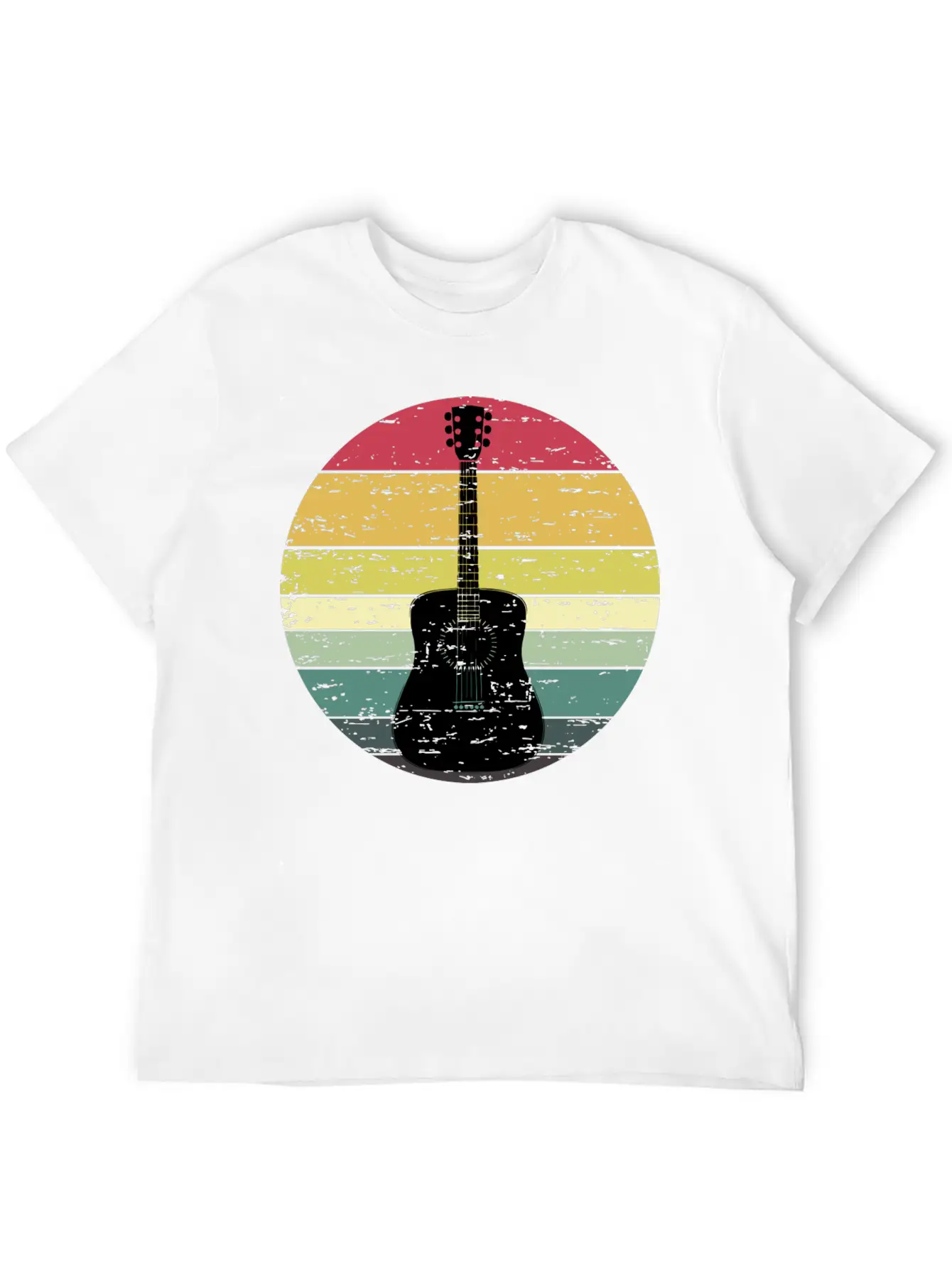 Retro Sunset Guitar Distressed Retro Rainbow Breathable Soft Cotton T-Shirt – Timeless Casual Look