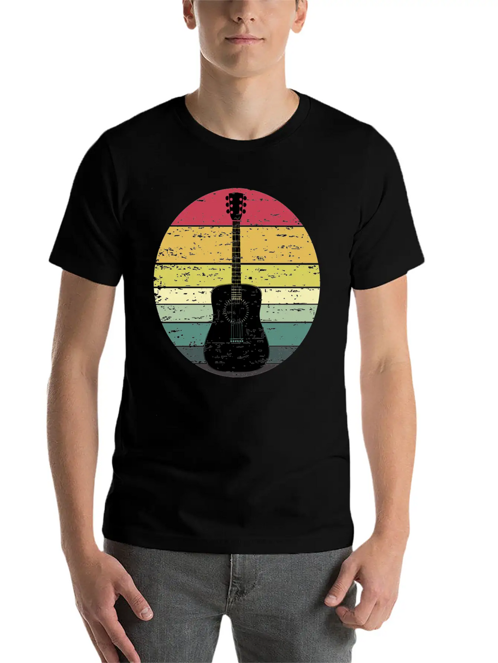 Retro Sunset Guitar Distressed Retro Rainbow Breathable Soft Cotton T-Shirt – Timeless Casual Look