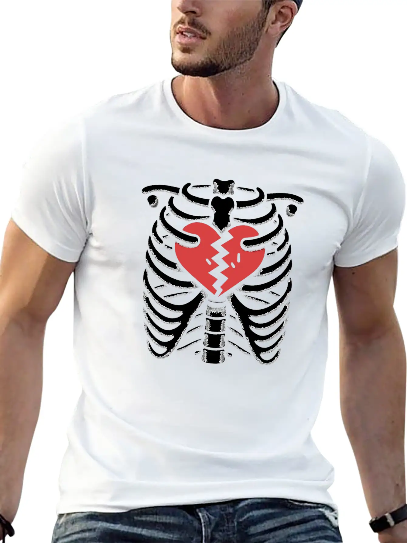 Rib Cage With Broken Heart Horror Design Basic Graphic T-Shirt – Daily Comfort In Soft Cotton