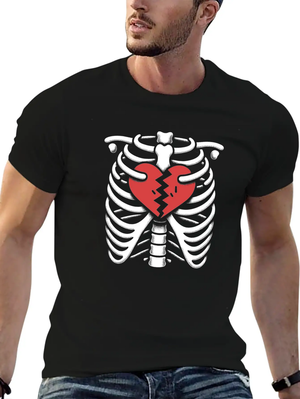Rib Cage With Broken Heart Horror Design Basic Graphic T-Shirt – Daily Comfort In Soft Cotton