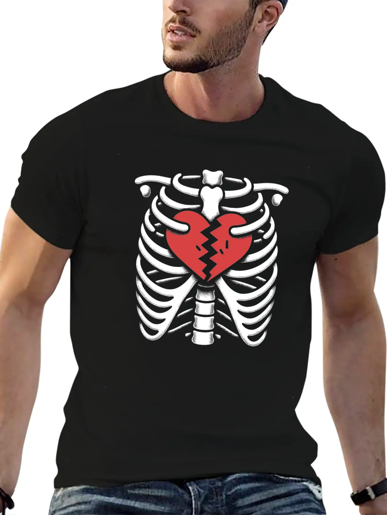 Rib Cage With Broken Heart Horror Design Basic Graphic T-Shirt – Daily Comfort In Soft Cotton