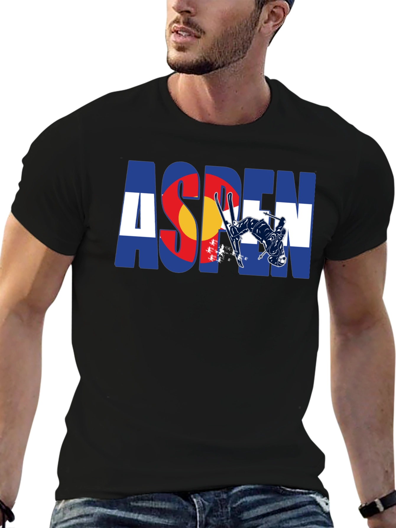 Aspen Colorado Flag Skier Black T-Shirt
