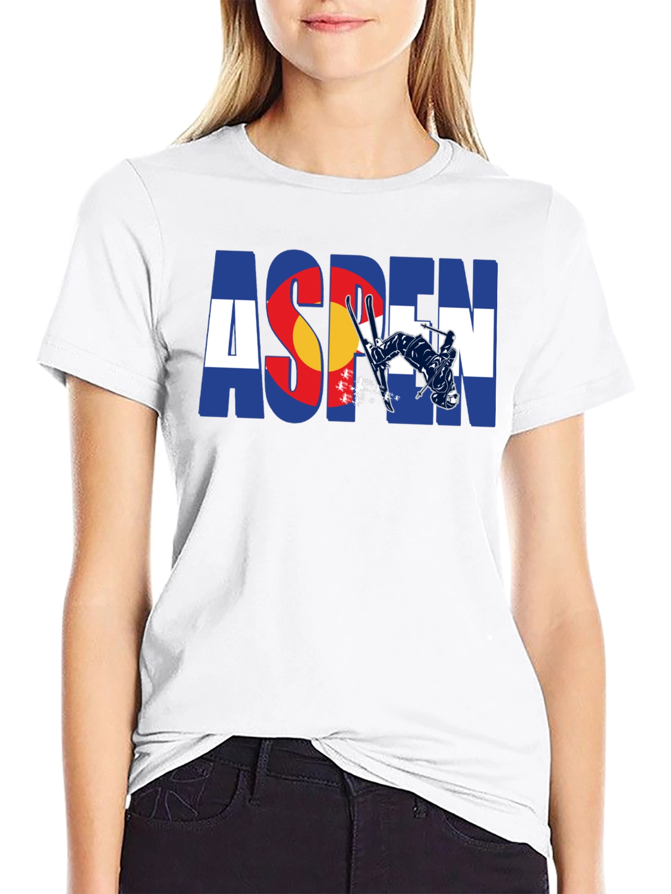 Aspen Colorado Flag Skier Black T-Shirt