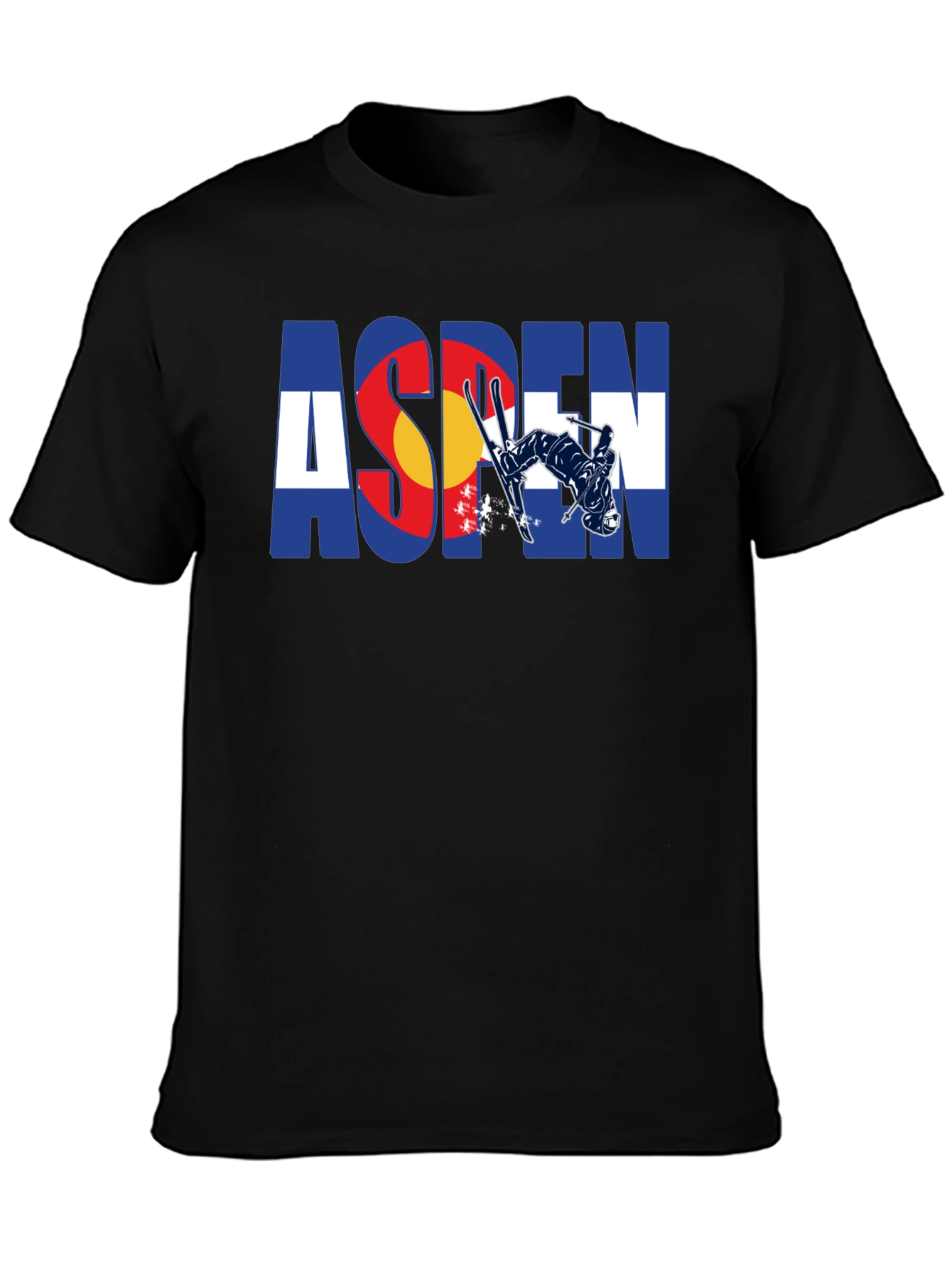 Aspen Colorado Flag Skier Black T-Shirt
