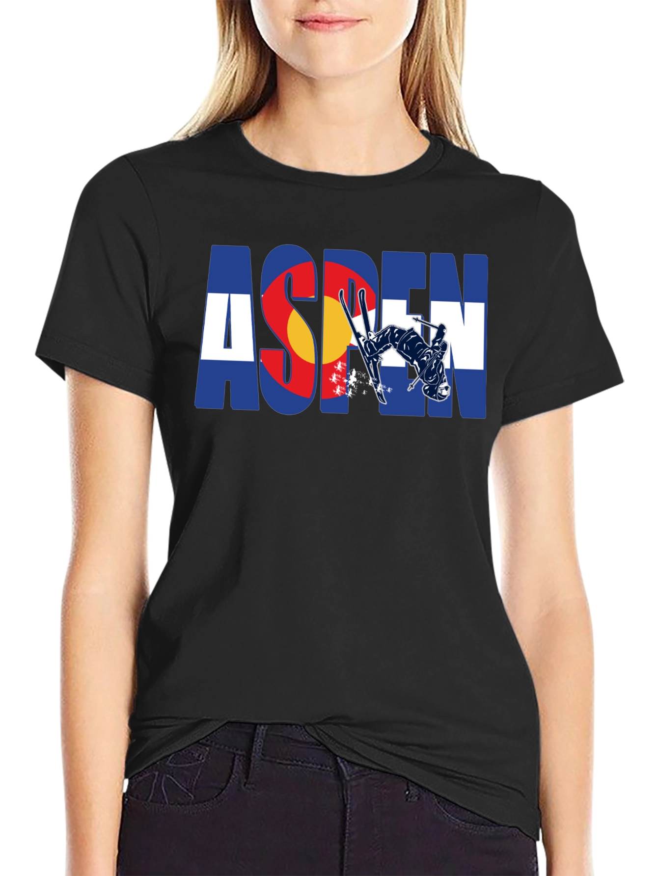Aspen Colorado Flag Skier Black T-Shirt