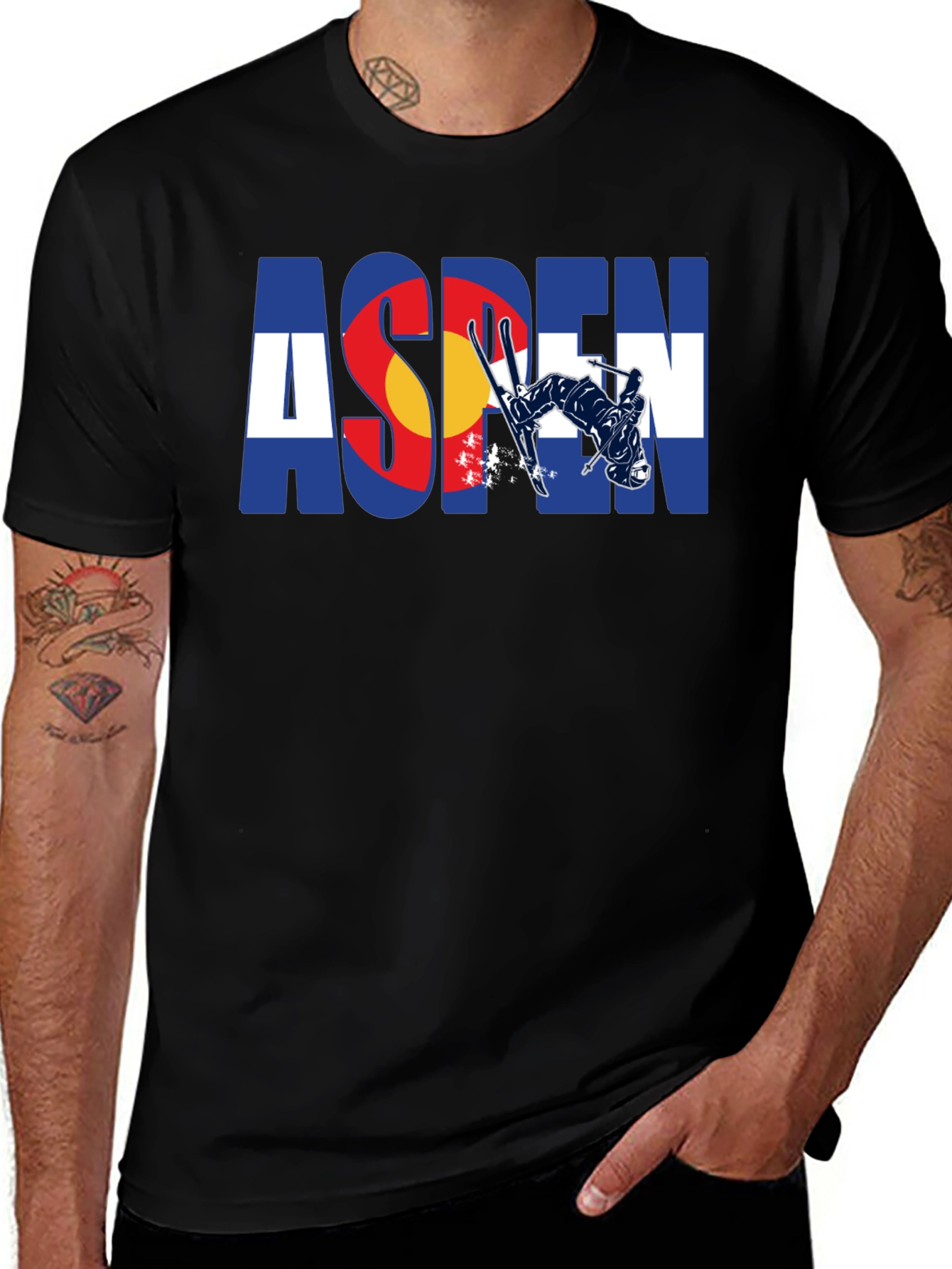 Aspen Colorado Flag Skier Black T-Shirt