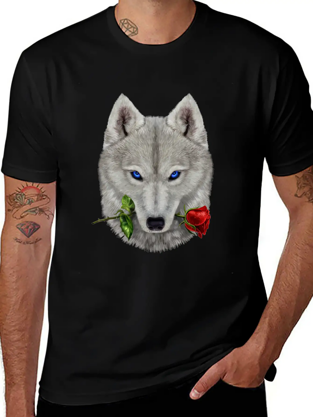 Romantic Polar Wolf Biting On A Rose Flower Unisex Casual T-Shirt – Clean Design For Daily Comfort