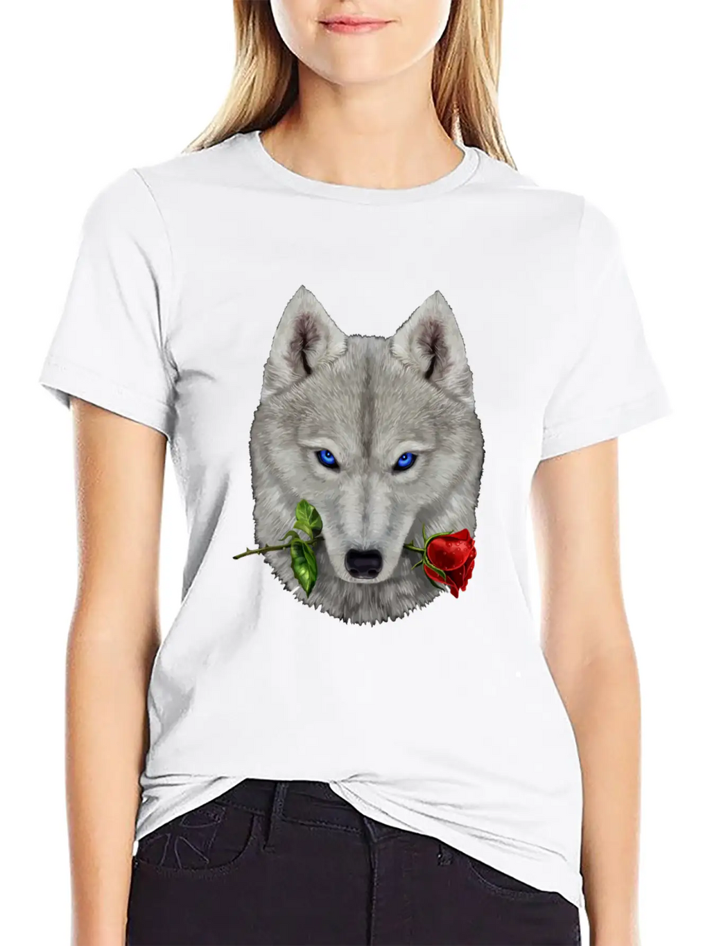 Romantic Polar Wolf Biting On A Rose Flower Unisex Casual T-Shirt – Clean Design For Daily Comfort