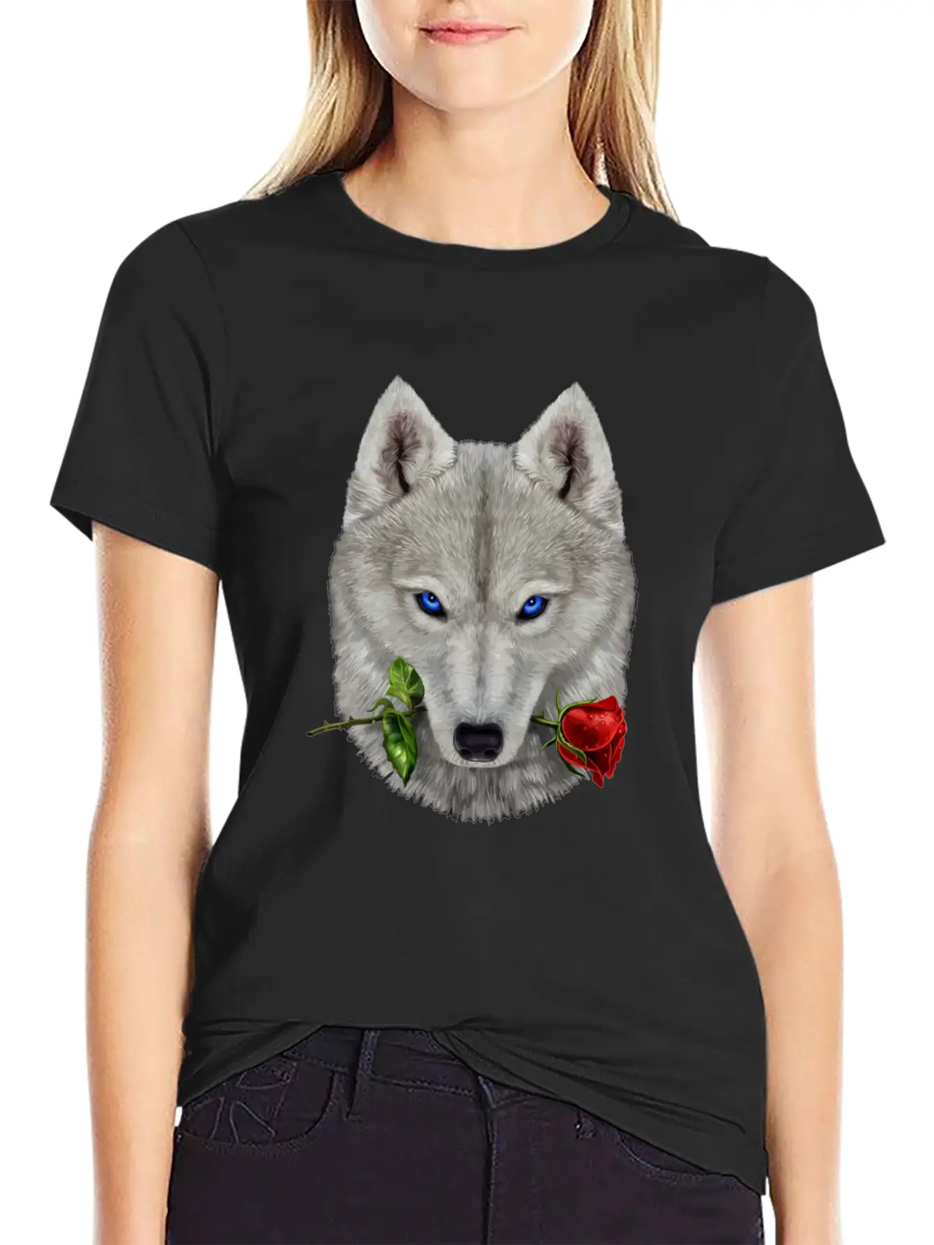 Romantic Polar Wolf Biting On A Rose Flower Unisex Casual T-Shirt – Clean Design For Daily Comfort