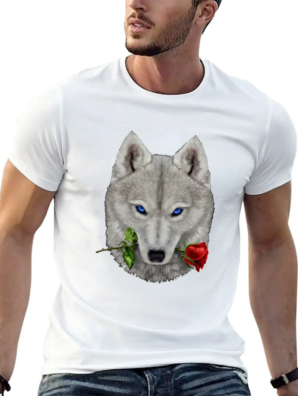 Romantic Polar Wolf Biting On A Rose Flower Unisex Casual T-Shirt – Clean Design For Daily Comfort