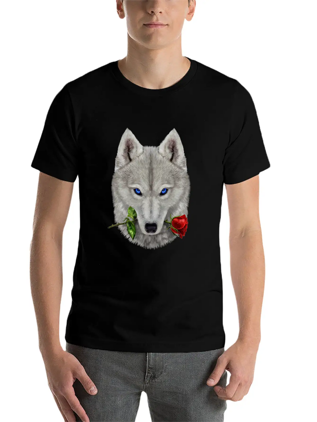 Romantic Polar Wolf Biting On A Rose Flower Unisex Casual T-Shirt – Clean Design For Daily Comfort