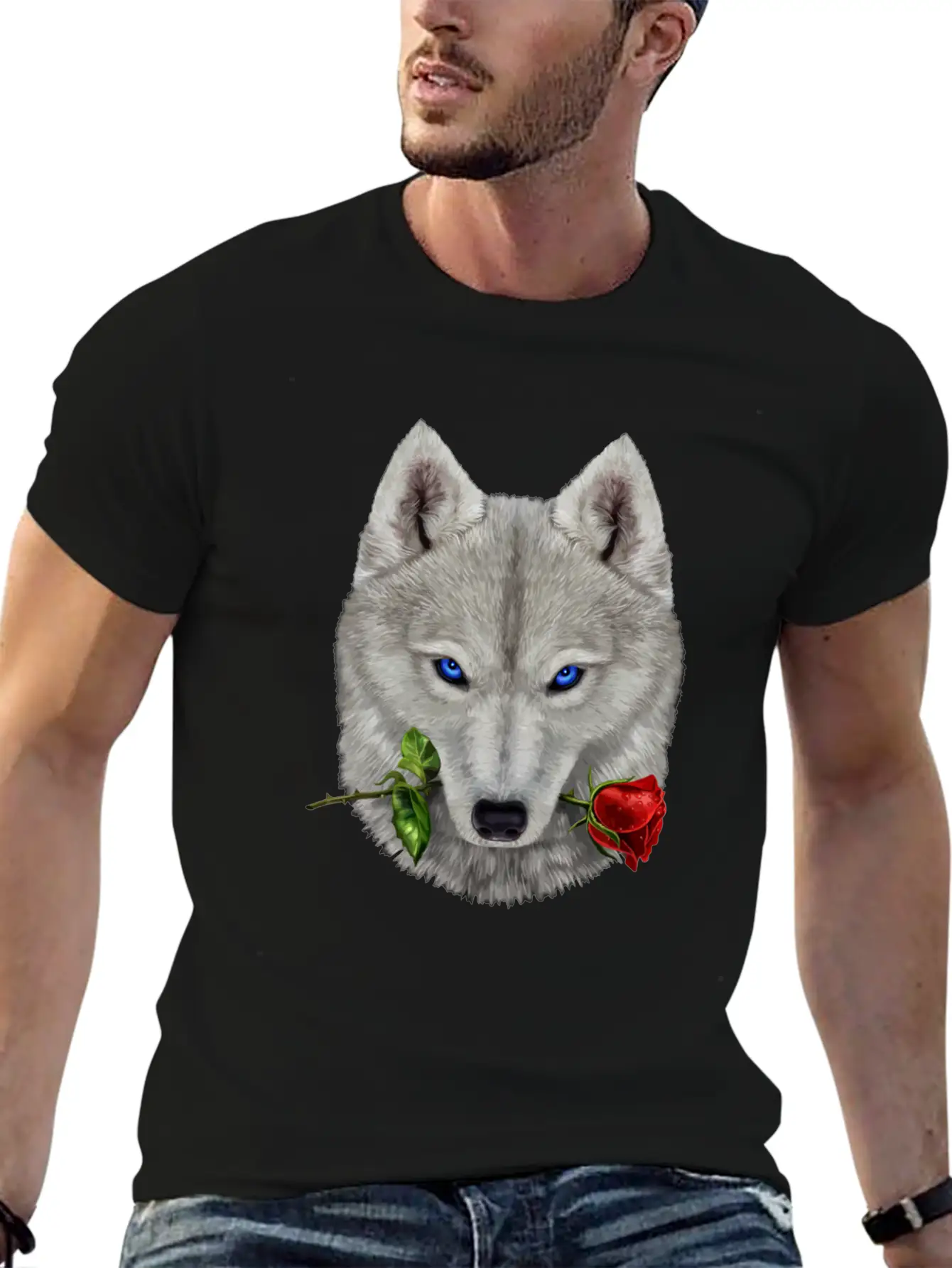 Romantic Polar Wolf Biting On A Rose Flower Unisex Casual T-Shirt – Clean Design For Daily Comfort
