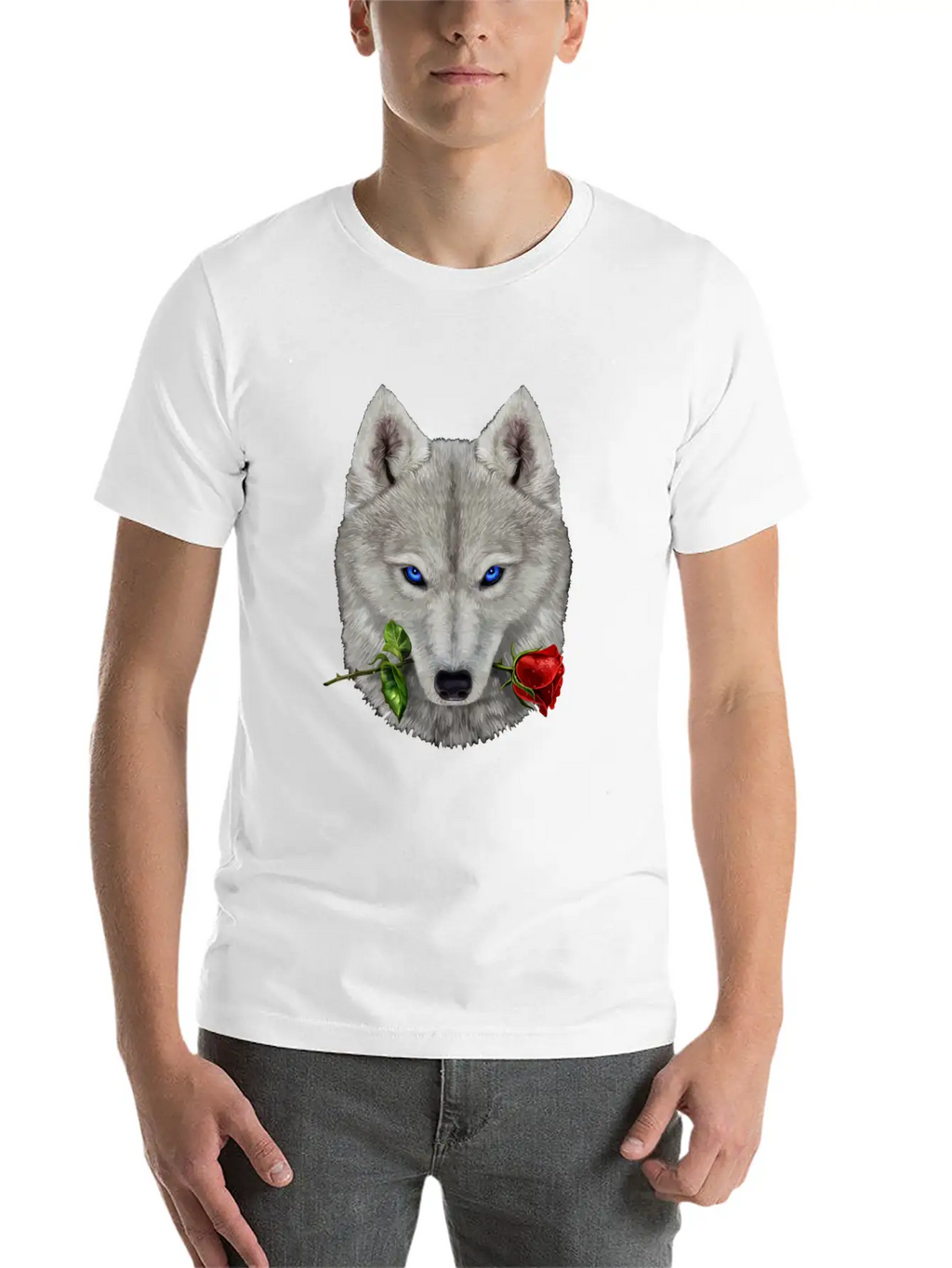 Romantic Polar Wolf Biting On A Rose Flower Unisex Casual T-Shirt – Clean Design For Daily Comfort