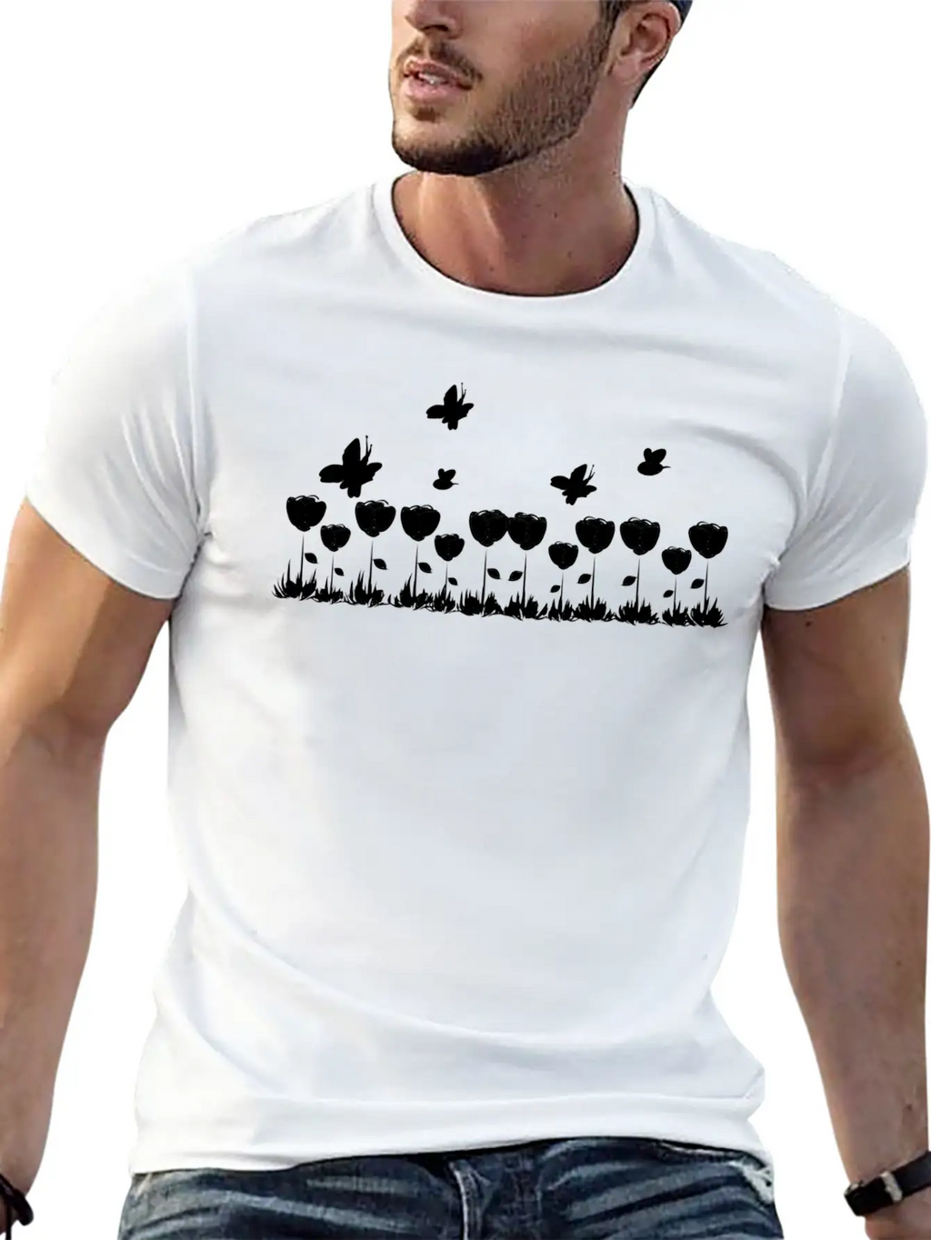 Roses Line Butterfly Nature Grass Basic Graphic T-Shirt – Daily Comfort In Soft Cotton