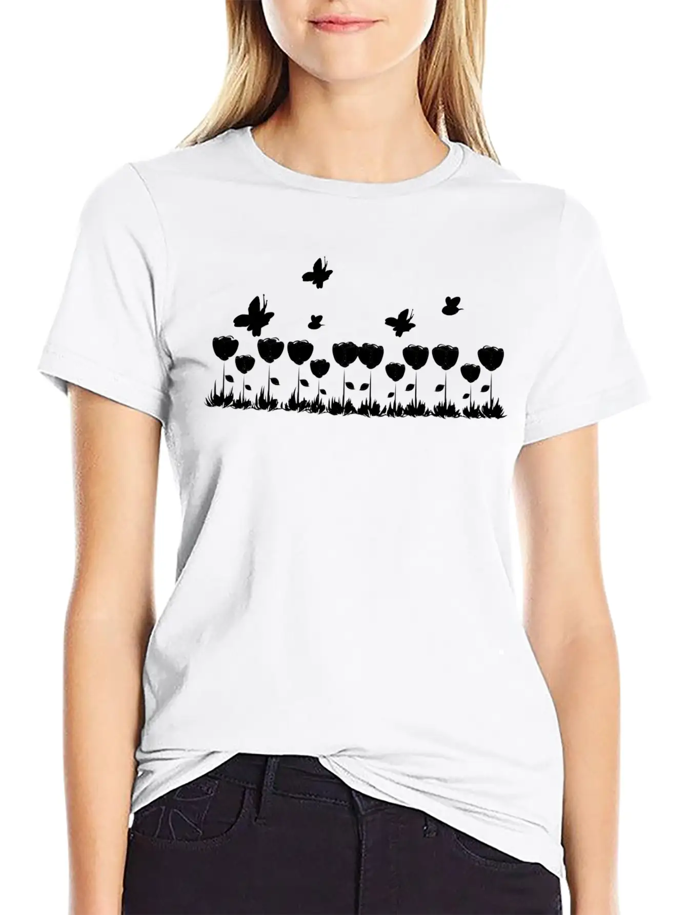 Roses Line Butterfly Nature Grass Basic Graphic T-Shirt – Daily Comfort In Soft Cotton