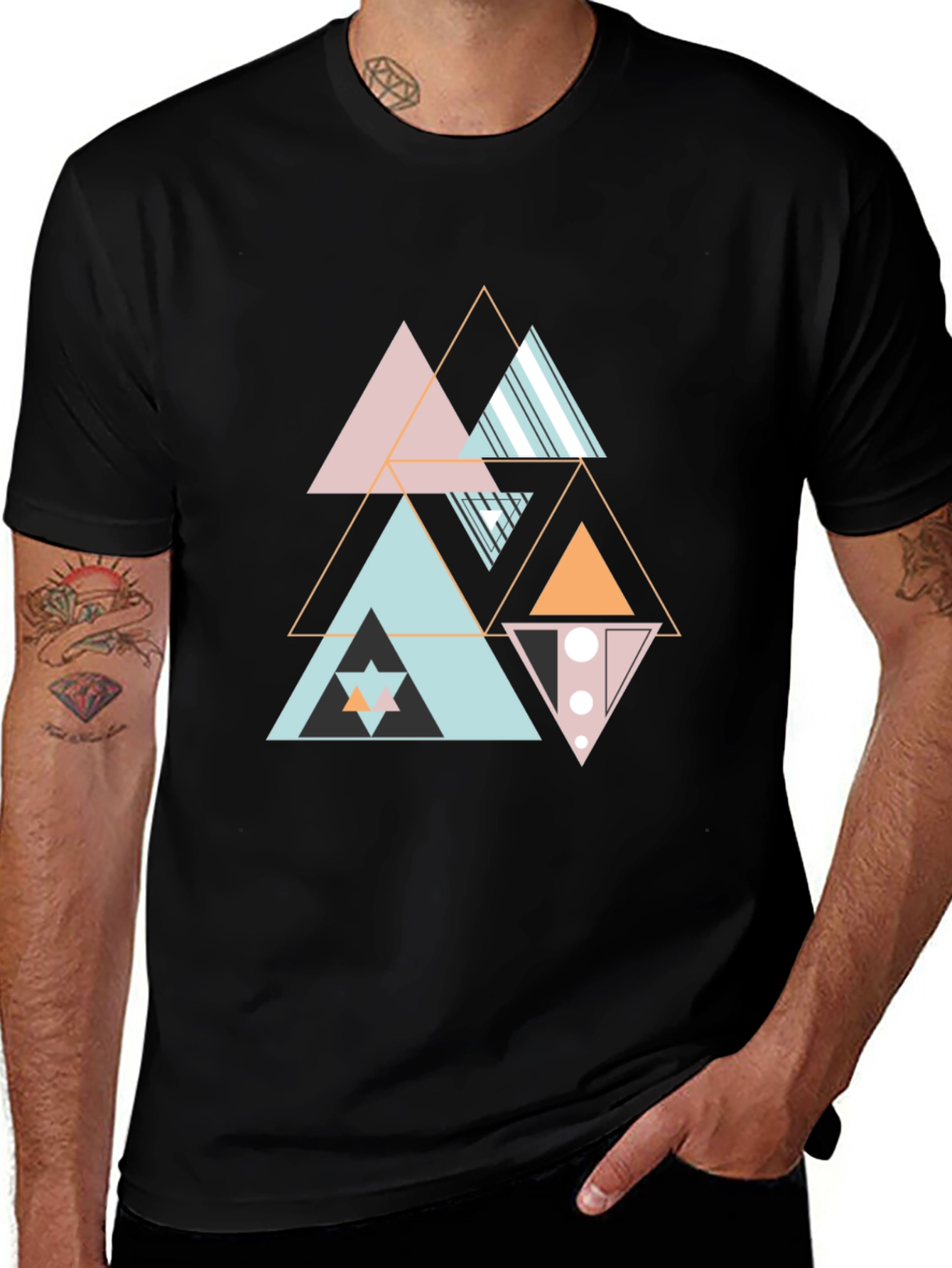 Geometric Triangle Pattern Black Tee