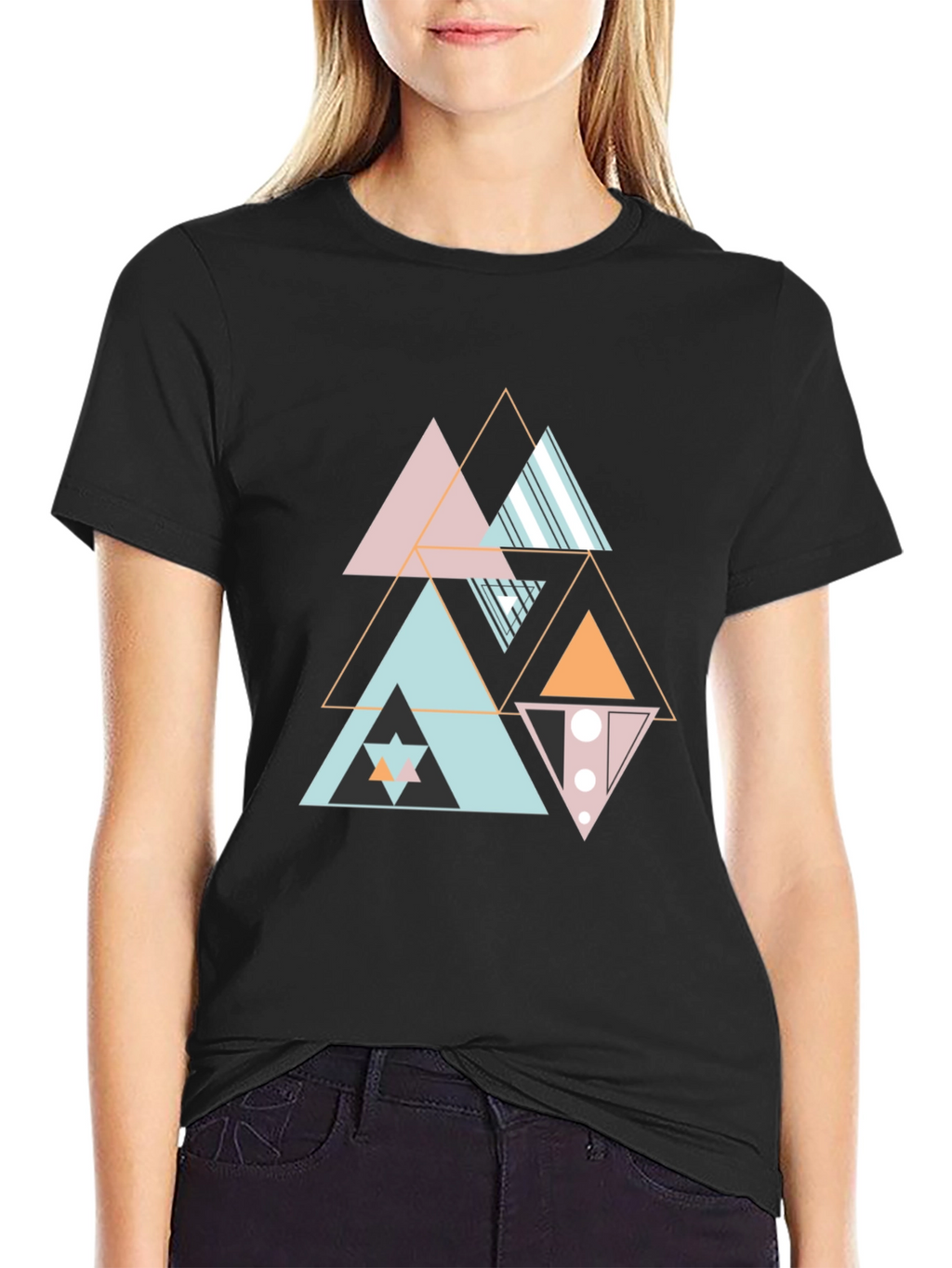 Geometric Triangle Pattern Black Tee