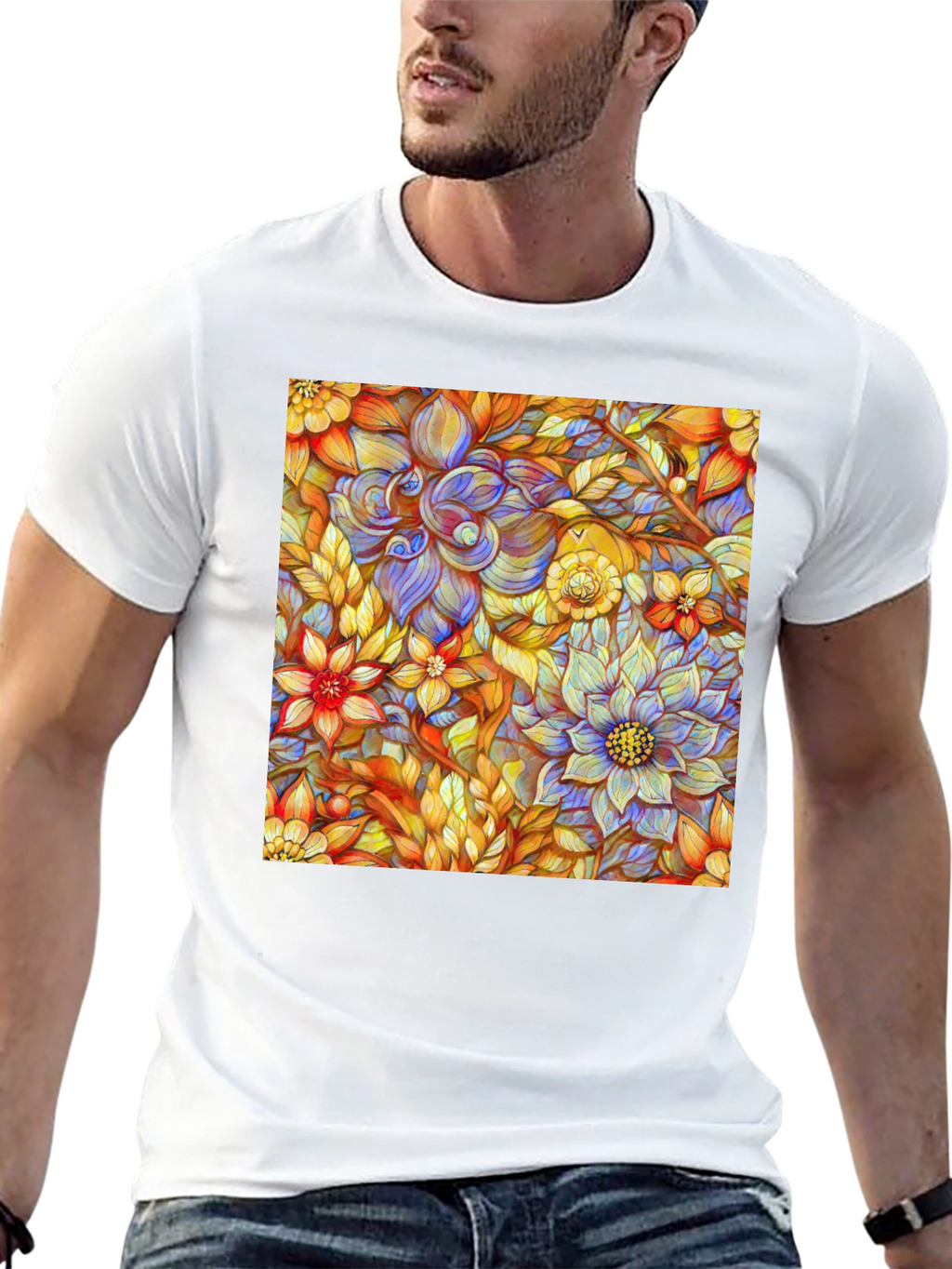 Floral Art Print Mens Black T-Shirt