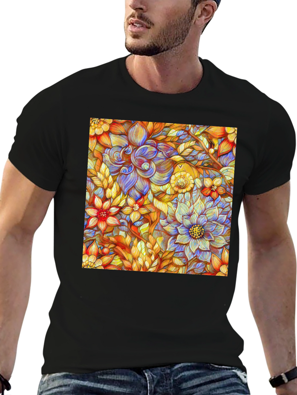 Floral Art Print Mens Black T-Shirt