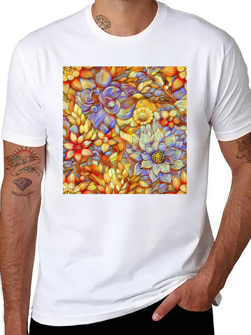 Floral Art Print Mens Black T-Shirt