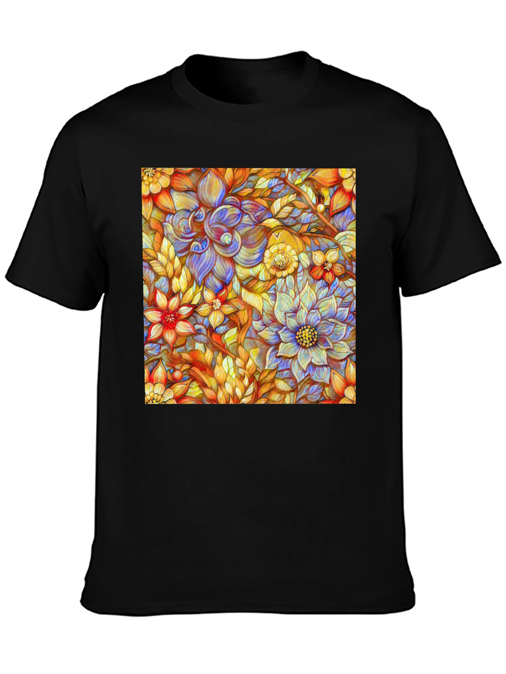 Floral Art Print Mens Black T-Shirt