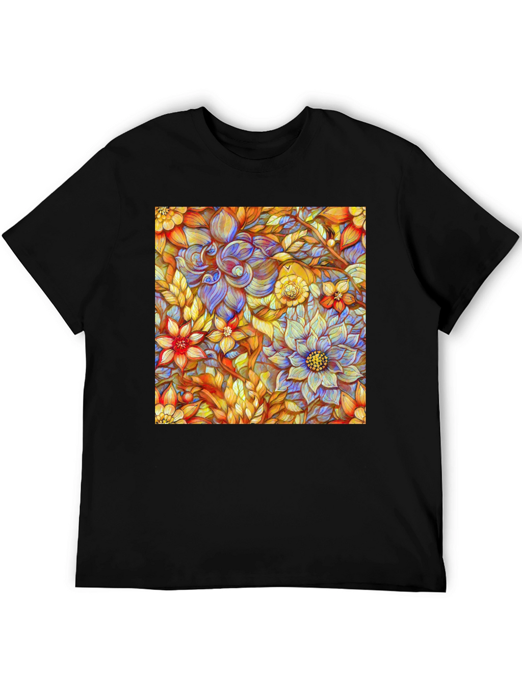 Floral Art Print Mens Black T-Shirt