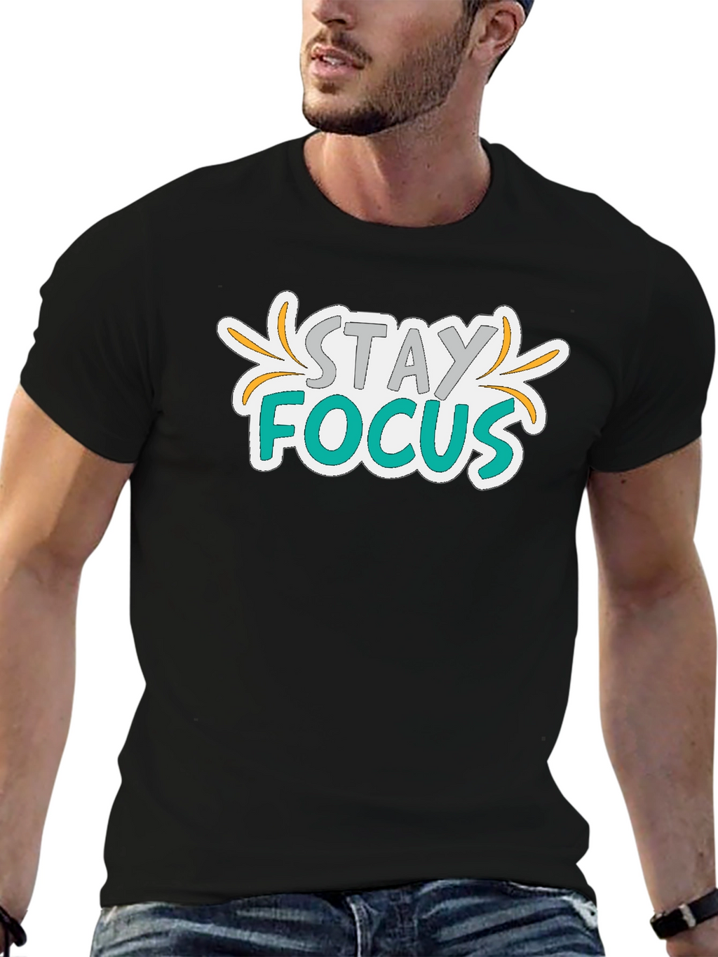 Stay Focus Graphic Print Black T-Shirt