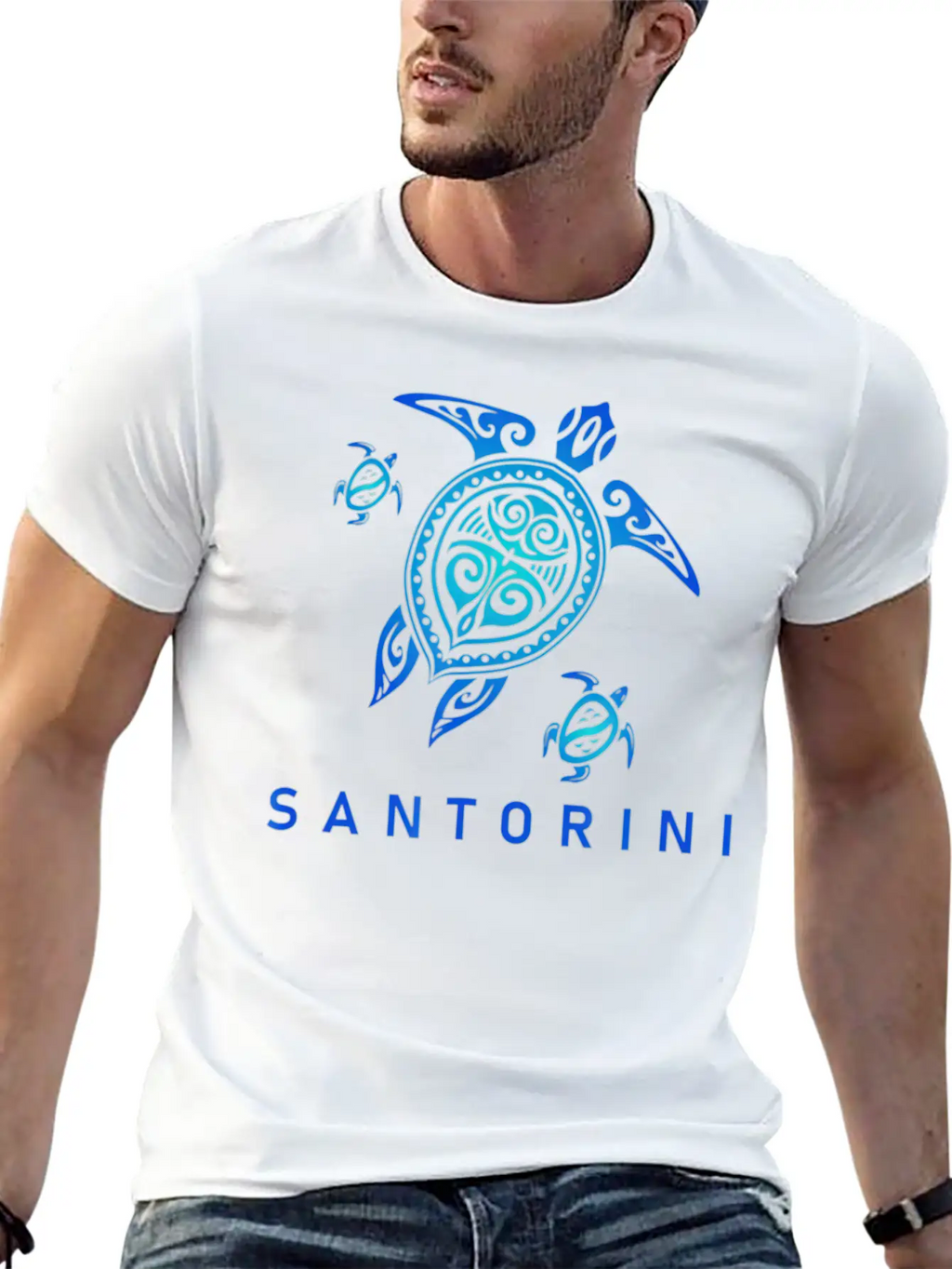 Santorini Greece T Sea Blue Tribal Turtle Breathable Graphic T-Shirt – Perfect For Casual Days
