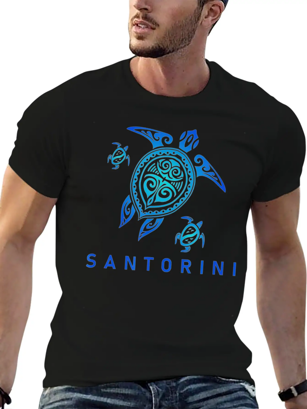 Santorini Greece T Sea Blue Tribal Turtle Breathable Graphic T-Shirt – Perfect For Casual Days