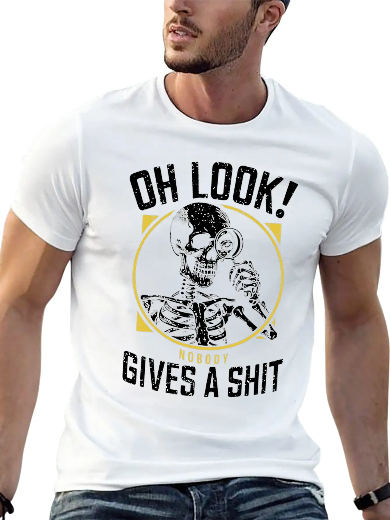 Sarcastic Skeleton - "Oh Look! Nobody Cares" Humor Breathable Soft Cotton T-Shirt – Timeless Casual Look