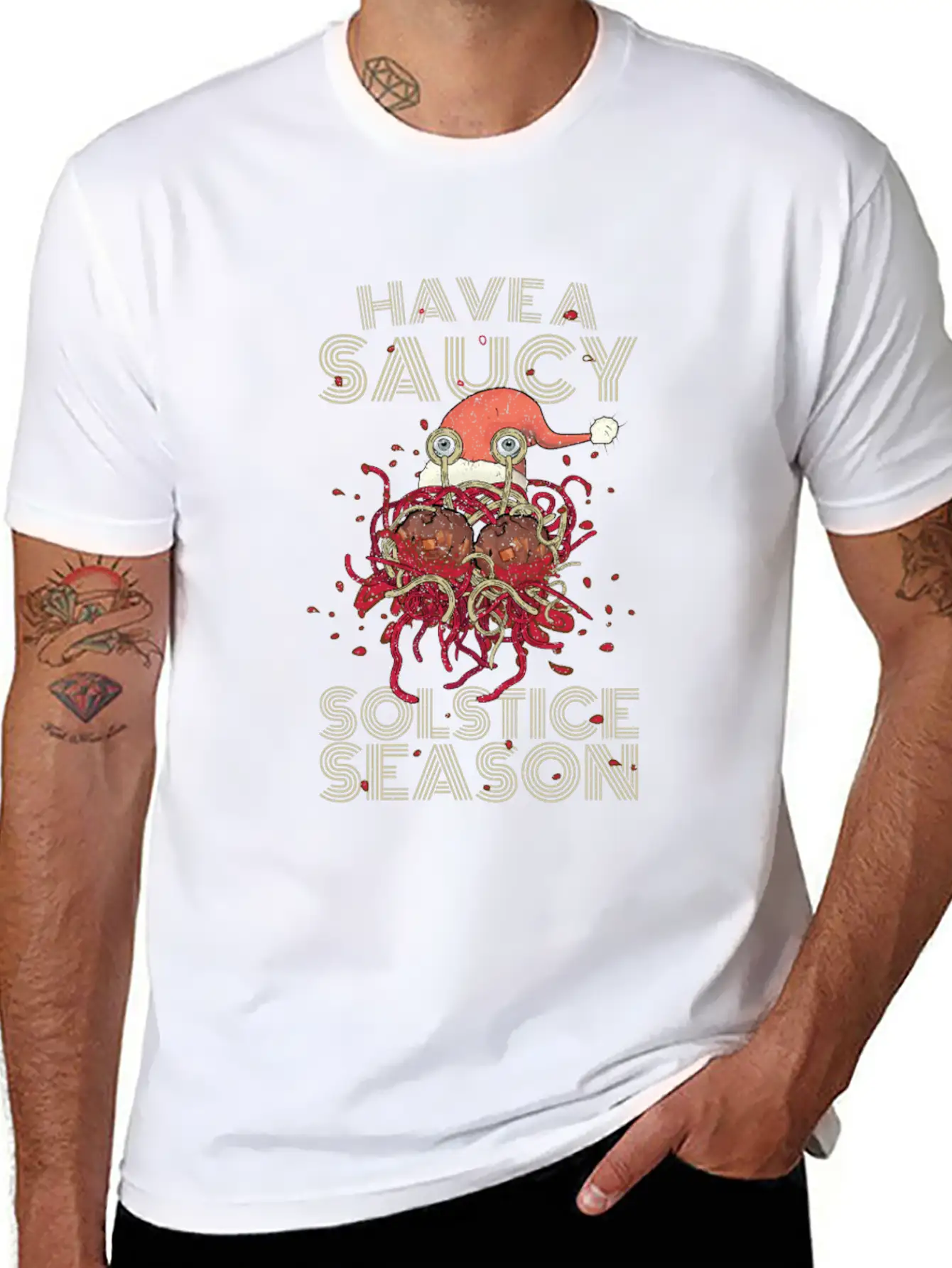 Saucy Solstice Season Spaghetti Meatballs Winter Basic Graphic T-Shirt – Daily Comfort In Soft Cotton